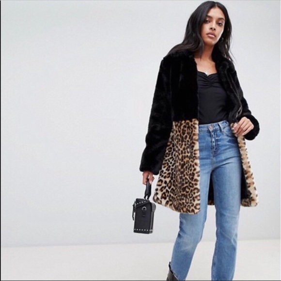 ASOS Jackets & Blazers - Leopard print color block faux fur coat